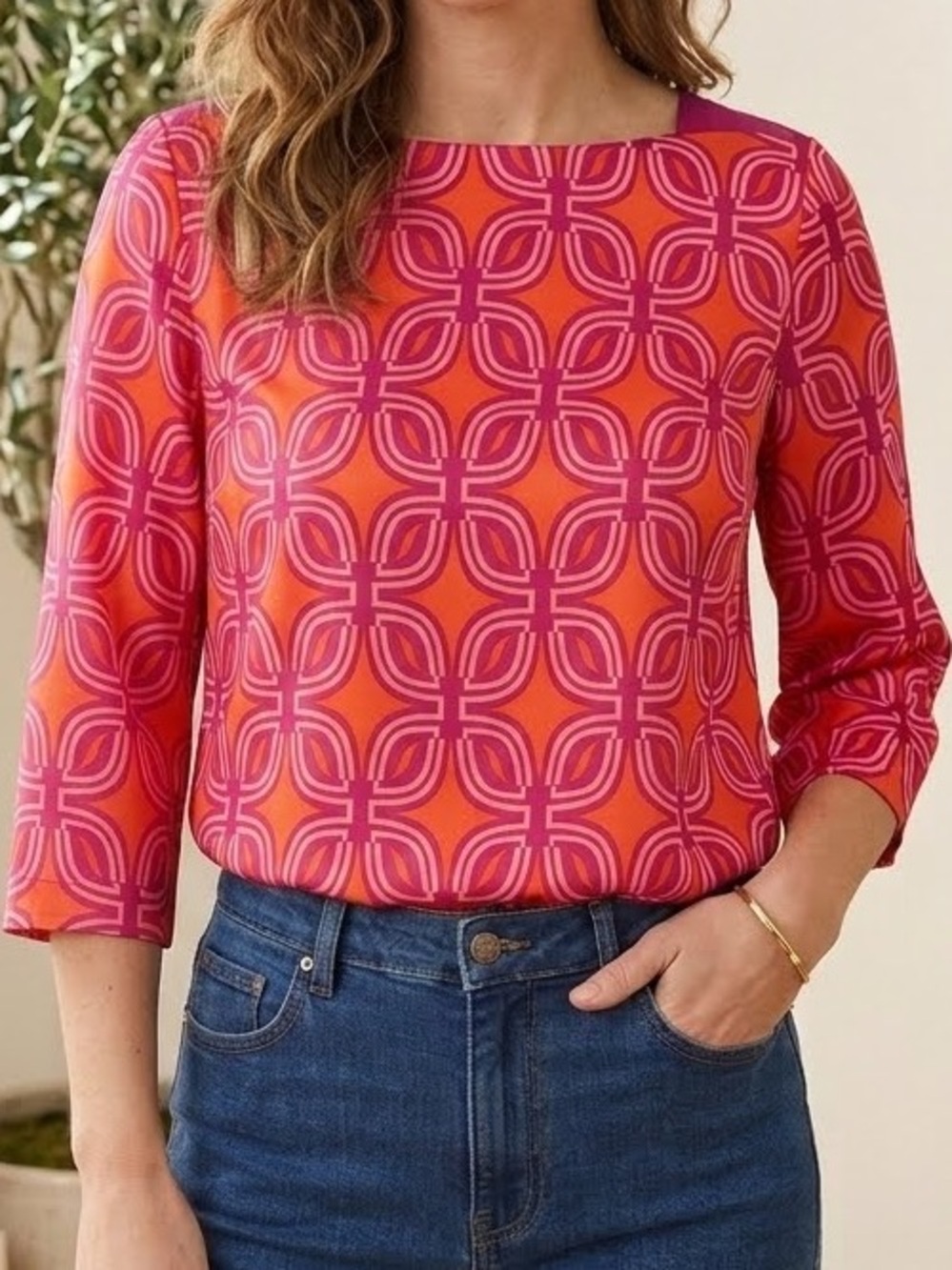 Coldwater Creek Blouse Pink Orange Geometric Graphic Satin Top silky bohochic XL